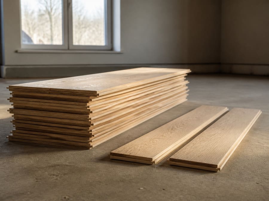 New unfinished oak boards stacked on a subfloor, two laid out showing the tongue and groove