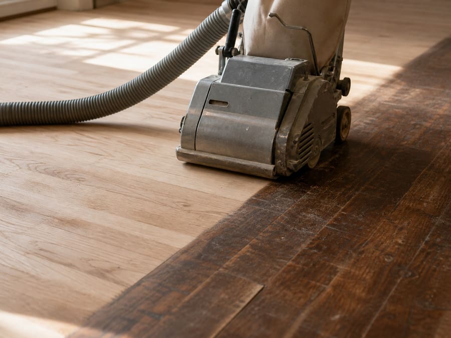 A floor sander part way across an oak floor, pale sanded wood behind it and dark old finish ahead